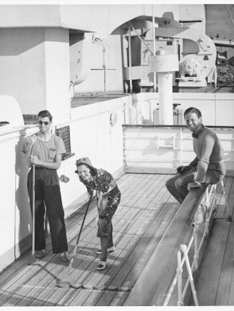 Woman and Two Men on Cruiser Deck, (B&W), Elevated View